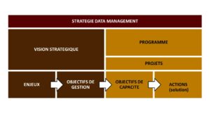 Contenu type d'une stratégie en Data Management présentant les éléments qui composent la et ceux qui définissent les projets.