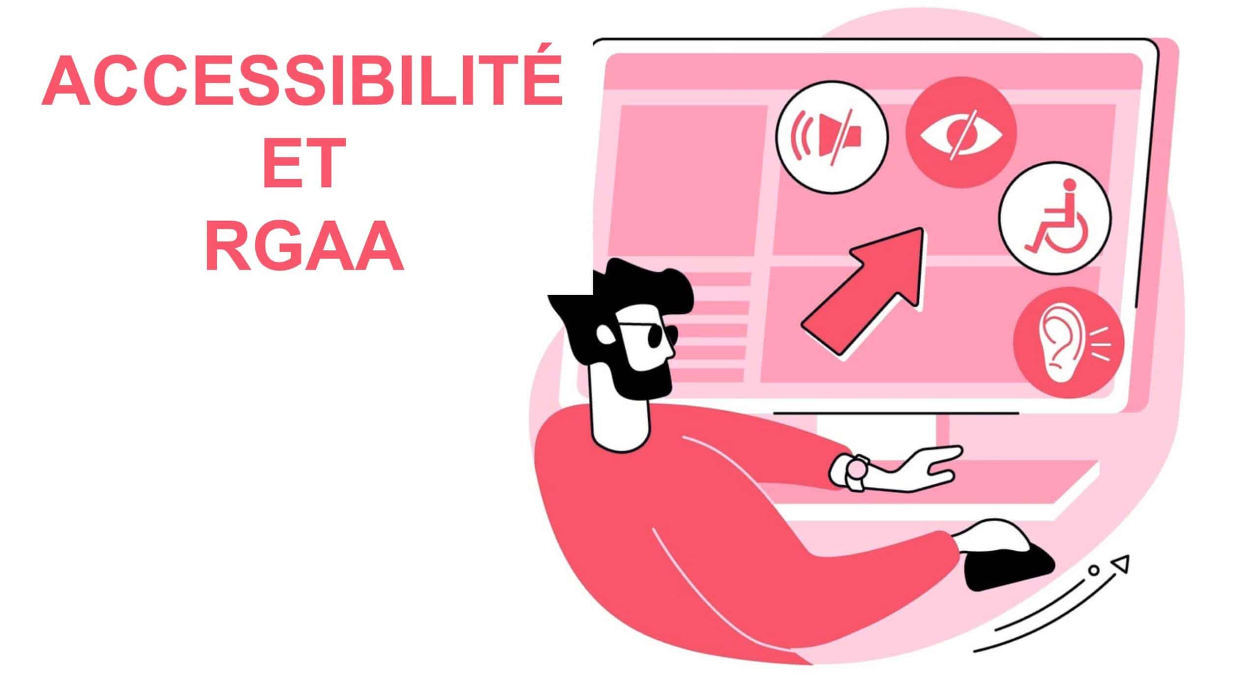 Dessin sur l'accessibilité et RGAA : un développeur est devant son écran qui présente des logos comme le son, la vue, le handicap, l'ouïe.