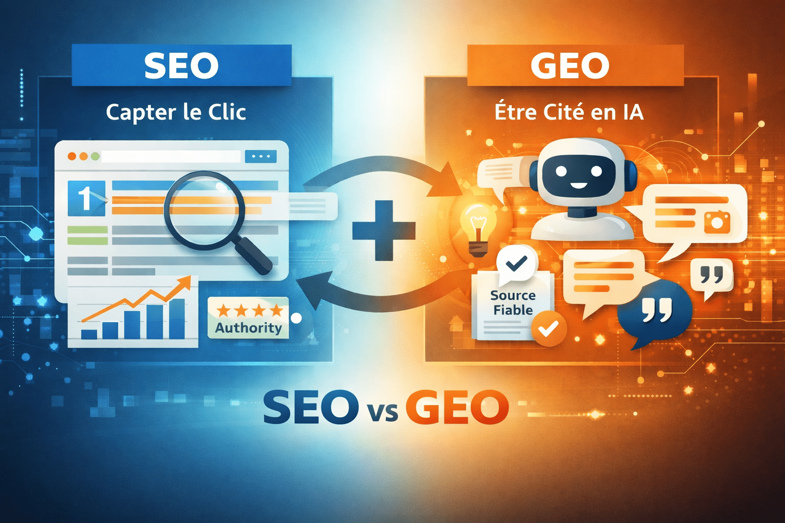 Illustration comparant le SEO et le GEO : le SEO vise à capter les clics dans les résultats de recherche tandis que le GEO permet d’être cité comme source dans les réponses générées par l’IA.